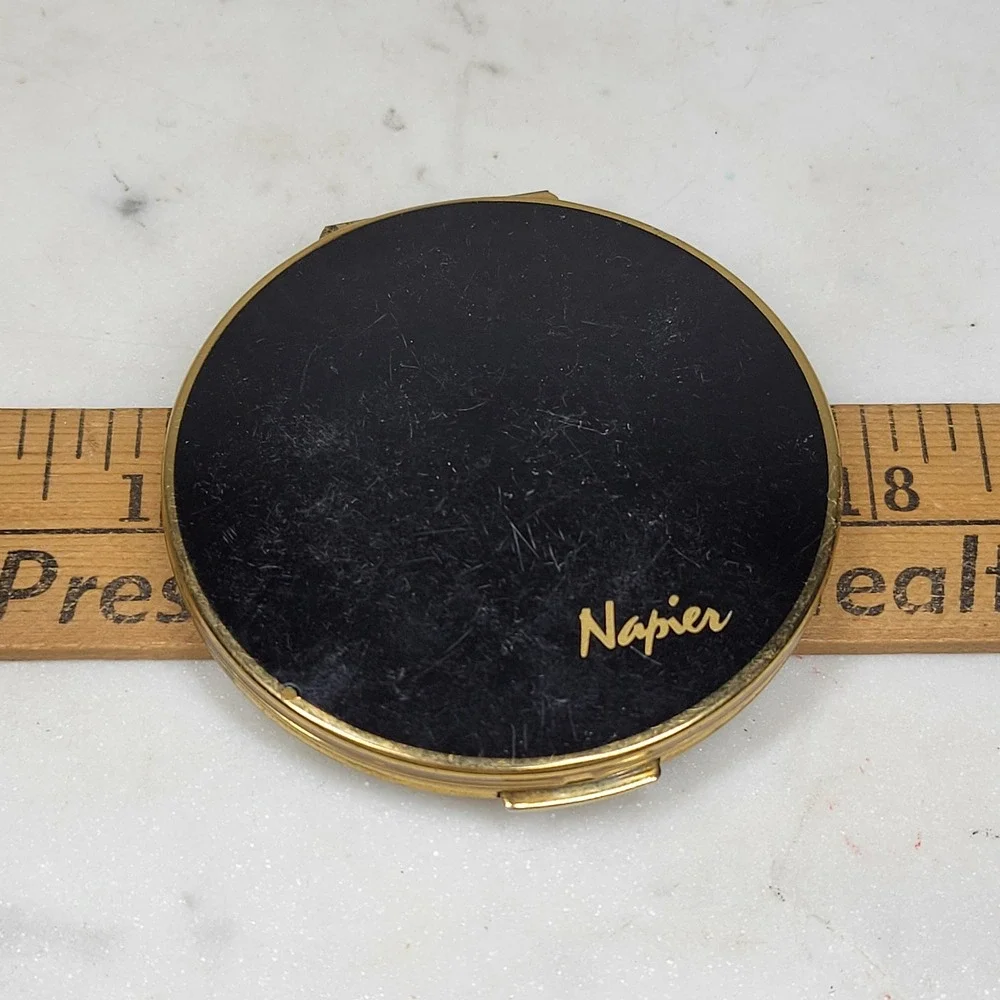 Vintage Napier Stratton Compact Mirror Black Gold Double Sided Hinged England